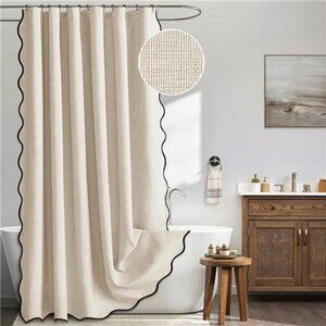 Beige Scalloped Shower Curtain Linen Textured with 12 Metal Hooks Cute